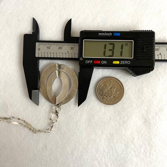 Brushed Sterling Silver 925 Double Ring Modernist Style Round Pendant Necklace - Picture 14 of 16